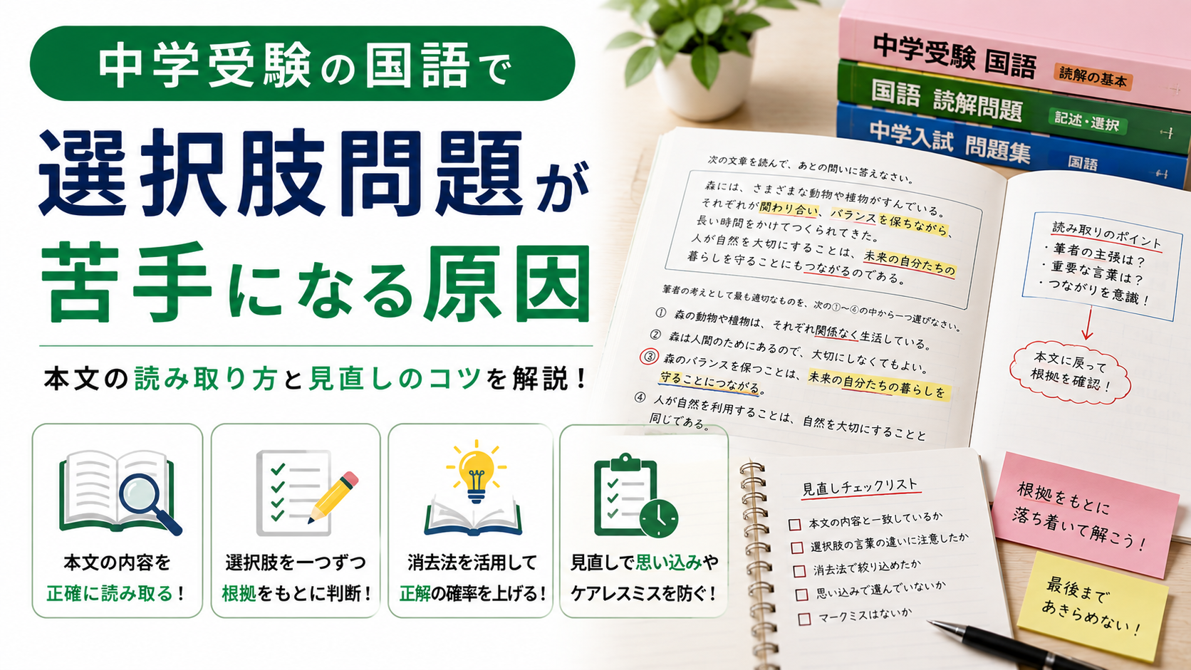 中学受験の国語で本文の根拠と選択肢を照合している学習イメージ