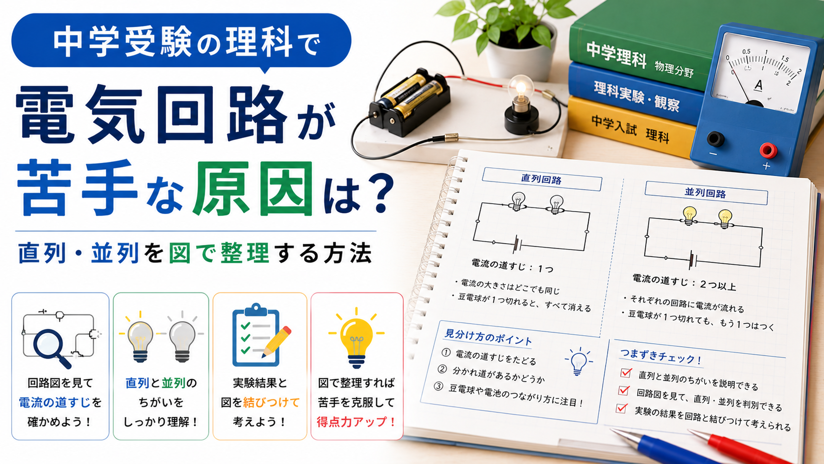 中学受験の理科で電気回路を図に整理して学ぶ小学生