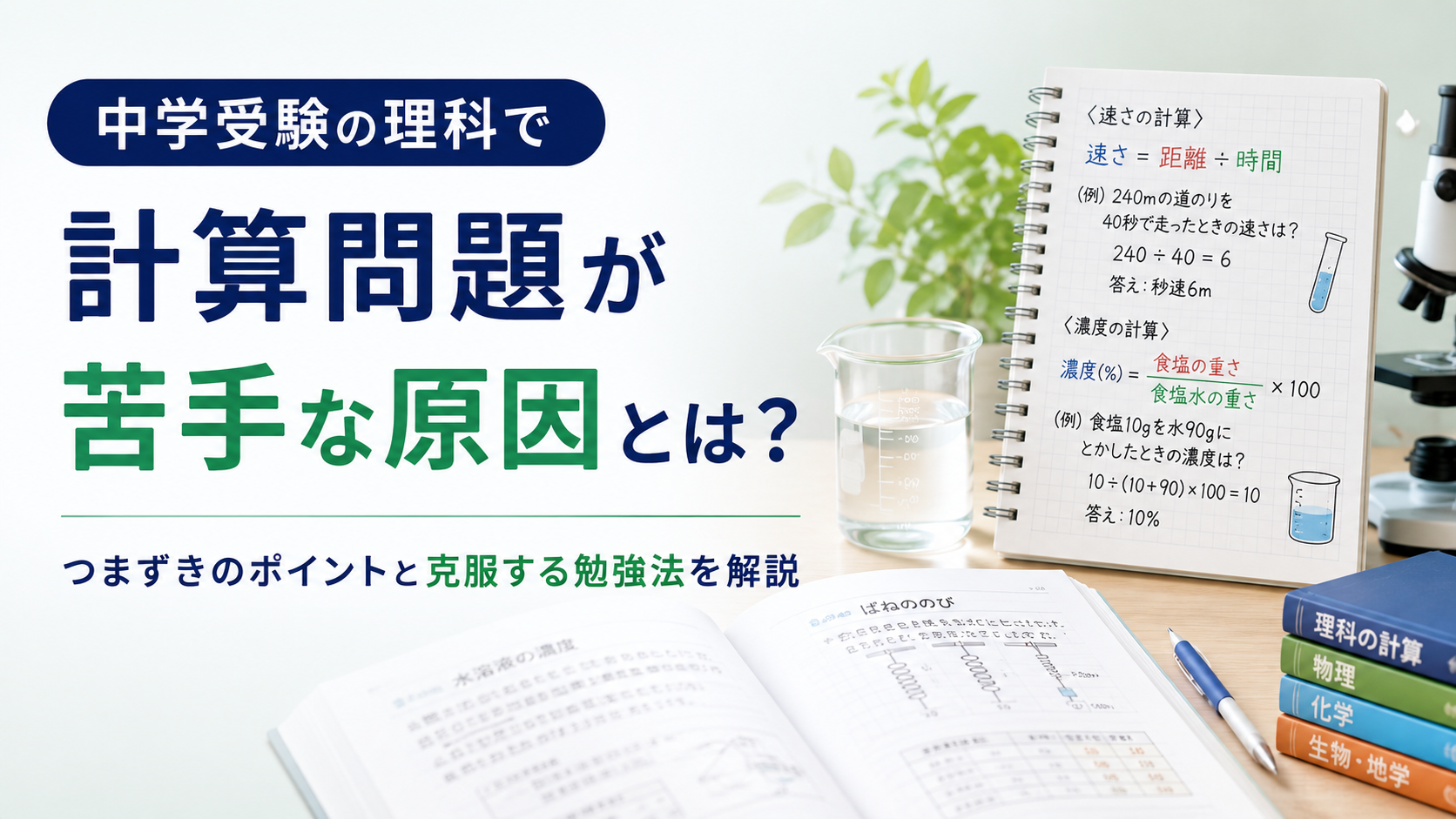 中学受験の理科で計算問題が苦手な原因と条件整理・式・単位の確認方法を解説する画像