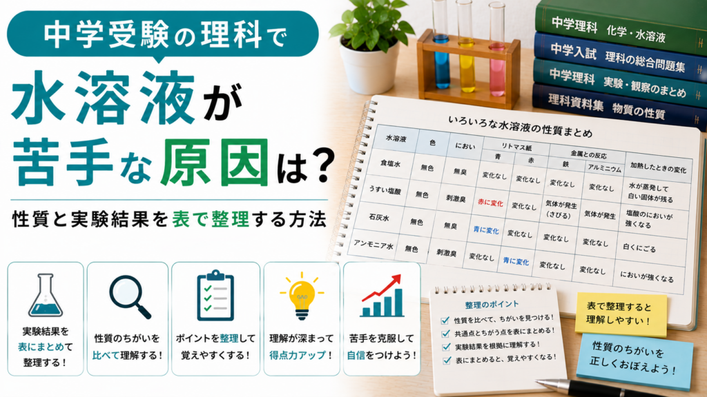中学受験の理科で水溶液の性質と実験結果を表に整理する小学生
