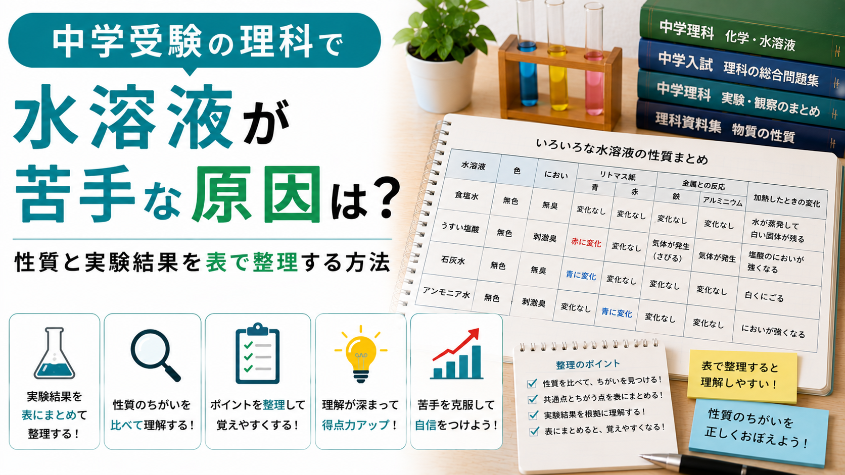中学受験の理科で水溶液の性質と実験結果を表に整理する小学生