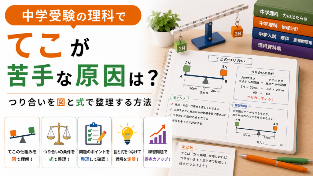 中学受験の理科でてこのつり合いを図と式に整理する小学生