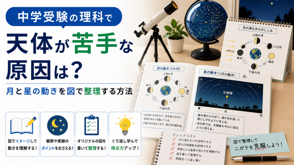 中学受験理科の天体分野で太陽と月と地球の位置関係を図にして学ぶイメージ