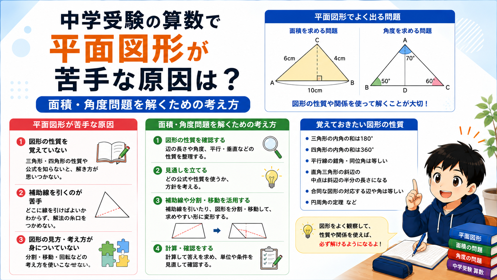 中学受験の算数で平面図形が苦手な原因は？面積・角度問題を解くための考え方