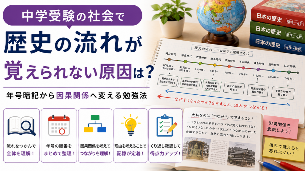 中学受験社会の歴史を時代の流れと因果関係で整理して学ぶイメージ