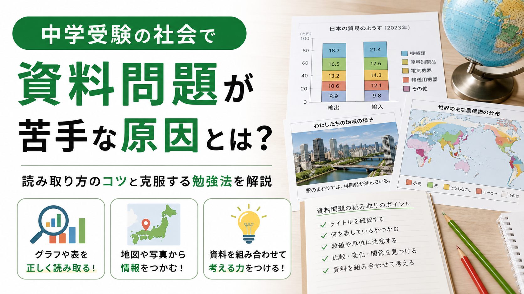 中学受験の社会で資料問題が苦手な原因とグラフ・表・地図の読み取り方を解説する画像
