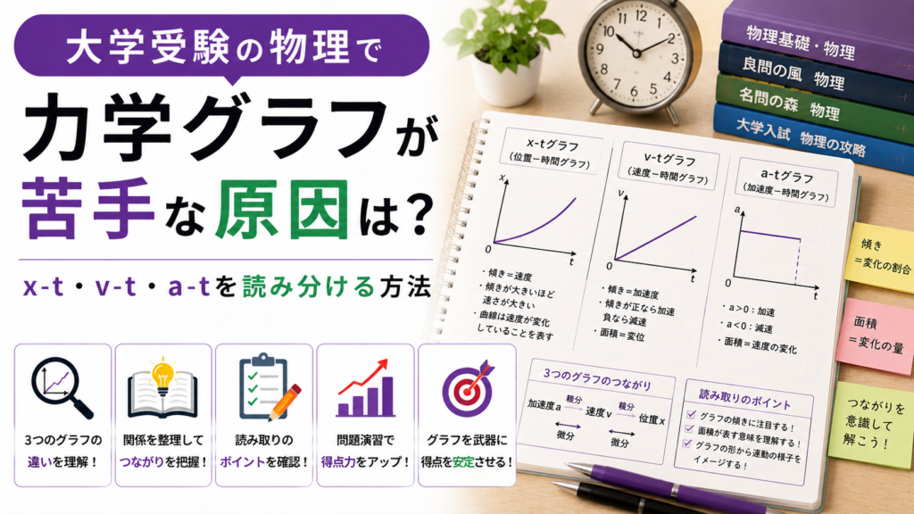 大学受験の物理で位置・速度・加速度のグラフを比較して学ぶ受験生