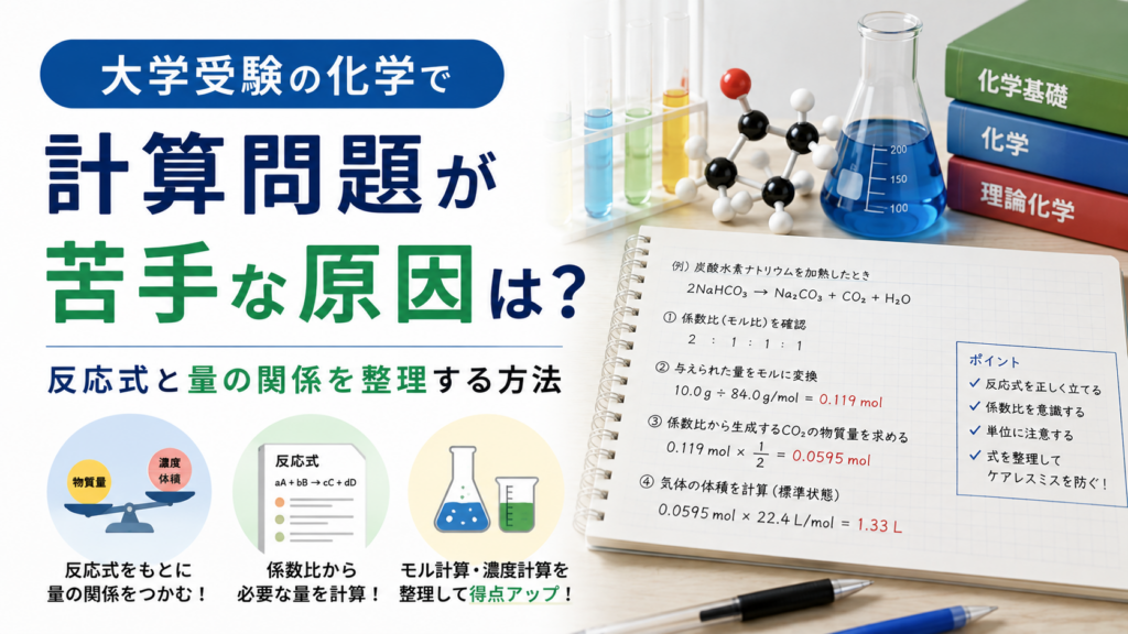 大学受験の化学で計算問題を解くために反応式と量の関係を整理する学習イメージ