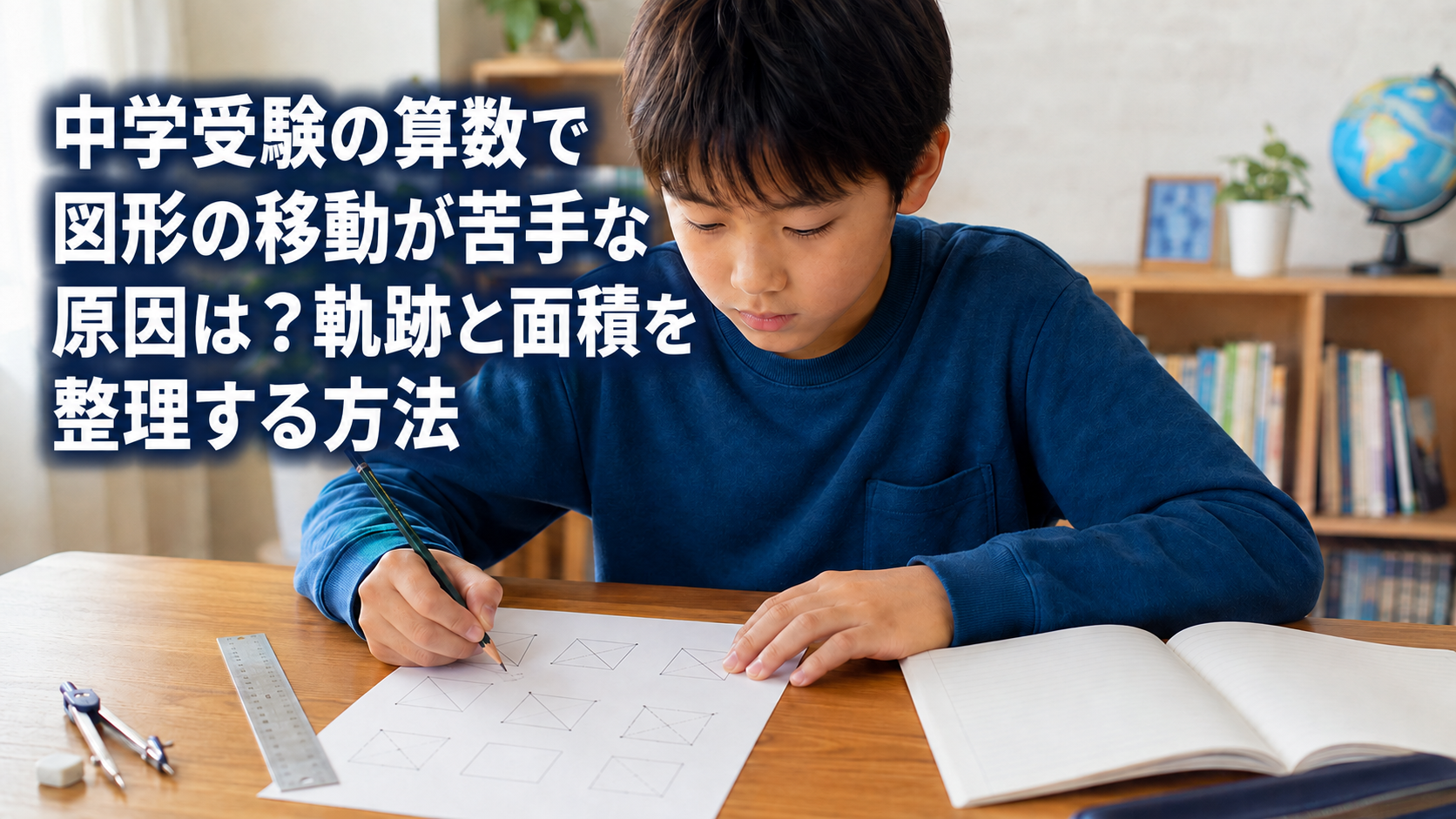 中学受験算数の図形の移動を紙に描いて学ぶ小学生