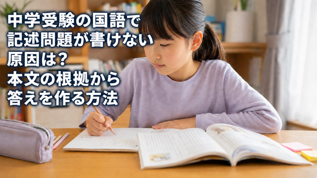 中学受験国語の記述問題で本文とノートを見比べながら答えを書く小学生