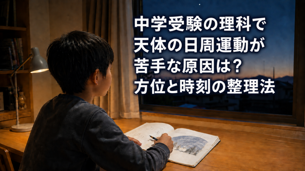 中学受験理科の天体を学ぶため夜空と観察ノートを見比べる小学生