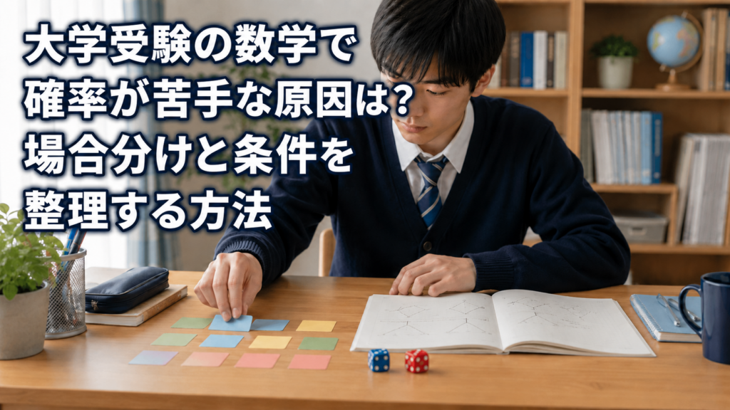 大学受験数学の確率を学ぶためカードとさいころを整理する高校生