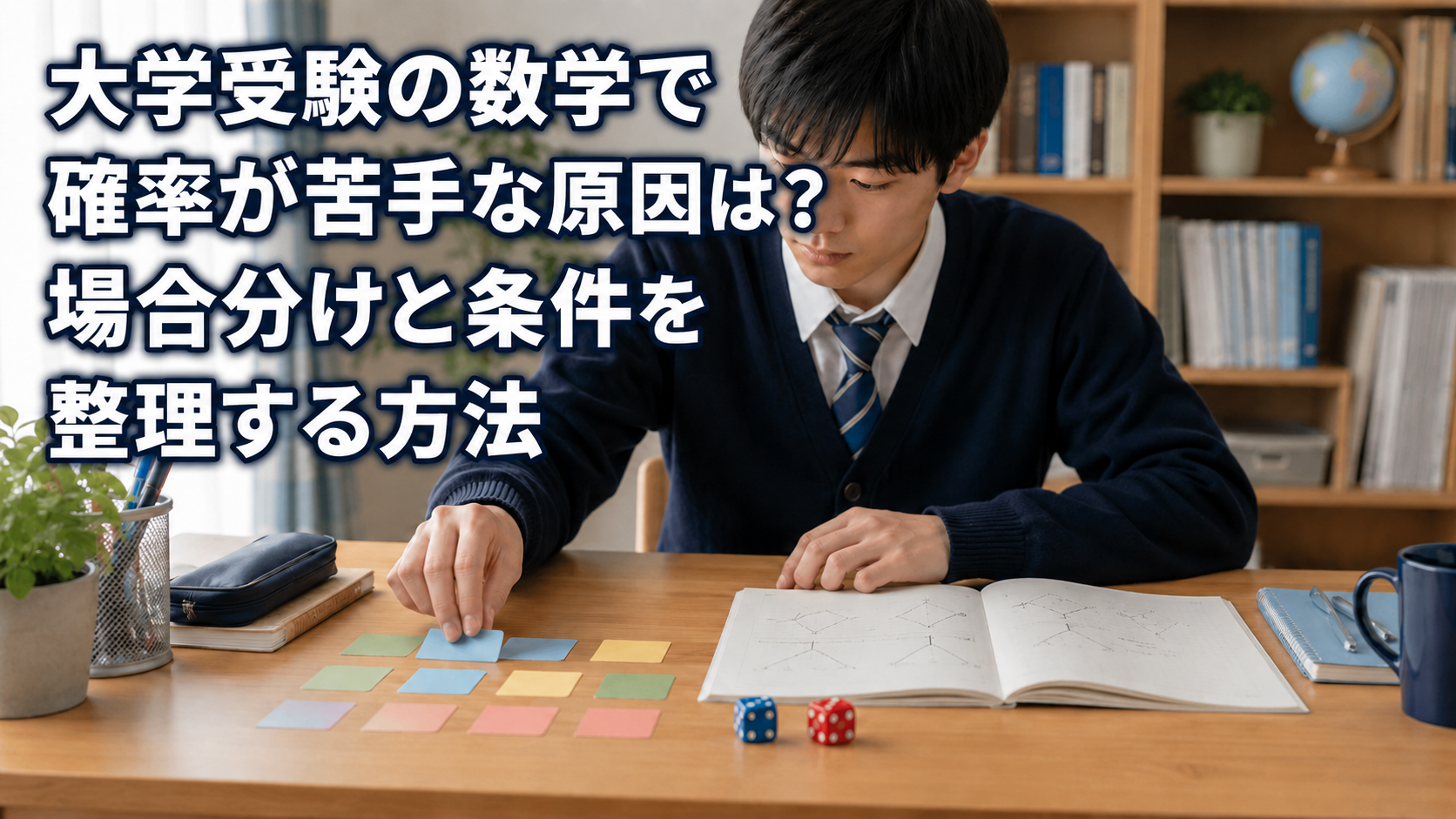 大学受験数学の確率を学ぶためカードとさいころを整理する高校生