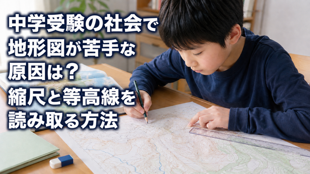 中学受験社会の地形図で縮尺と等高線を学ぶ小学生