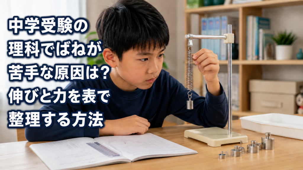 中学受験理科のばねの伸びを実験して記録する小学生