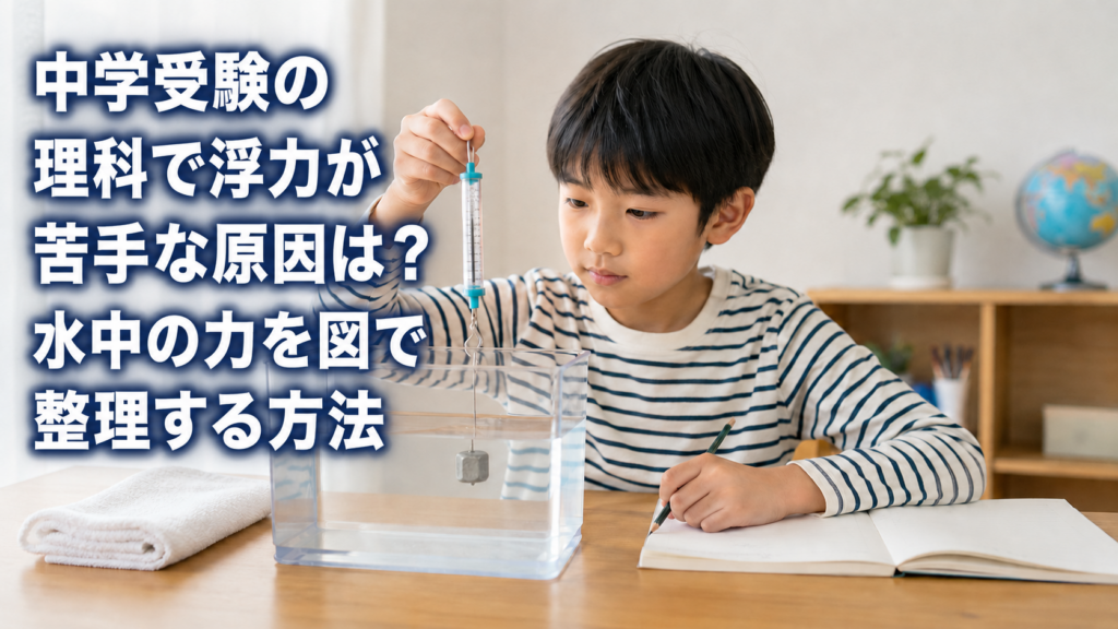 中学受験理科の浮力を水槽とばねばかりの実験で学ぶ小学生
